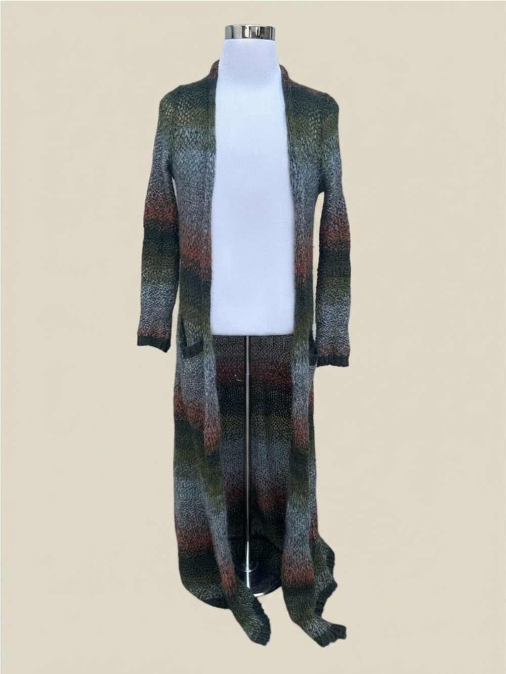 Anthropologie Sleeping On Snow Long Open-Front Knit Cardigan - Green Multi